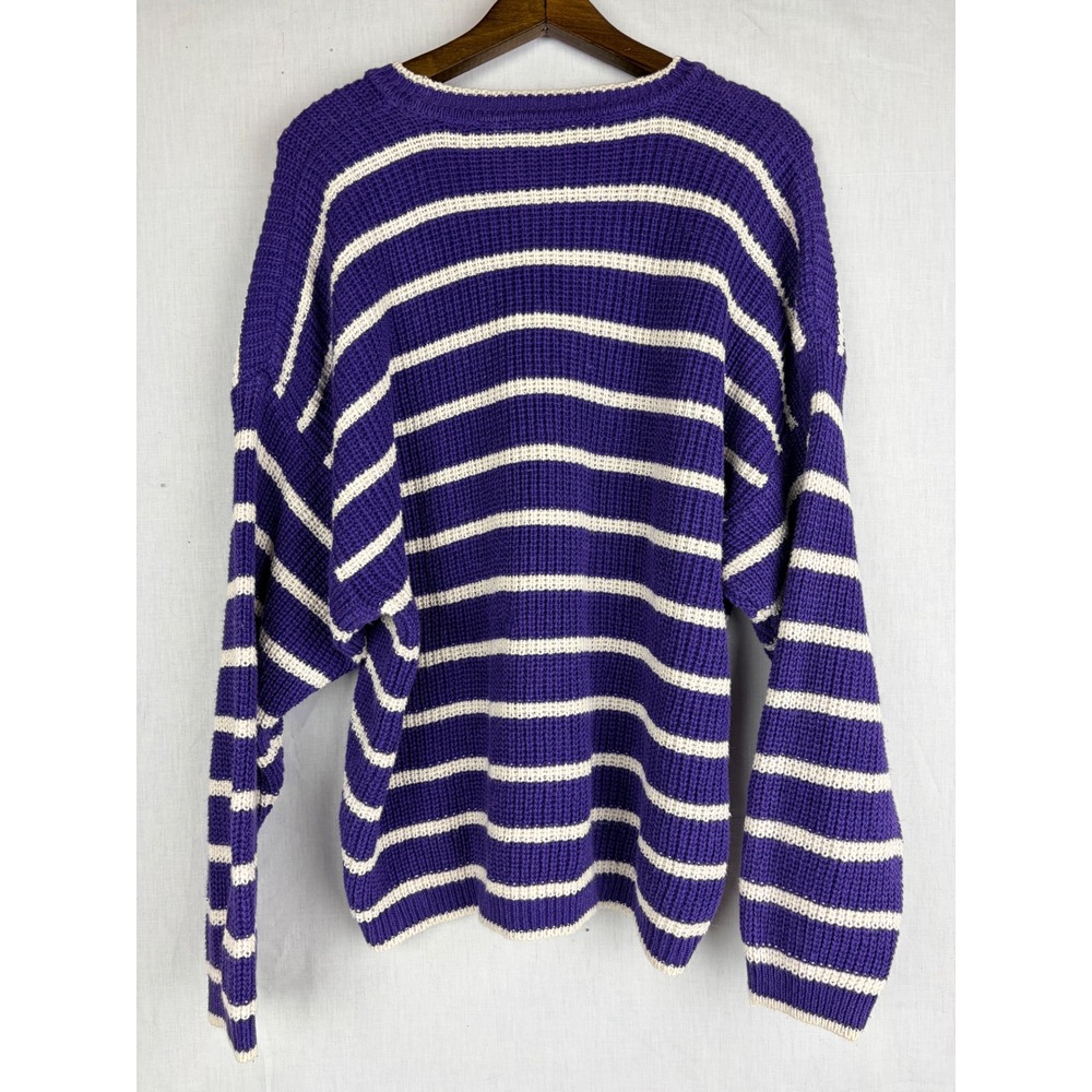 Chaus Sport L Purple White Striped Oversized Chunky Knit Crewneck Sweater - Picture 10 of 14